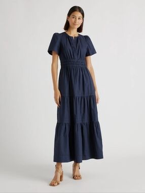 Quince 100% Organic Cotton Poplin Tiered Maxi Dress Navy Small.NWT